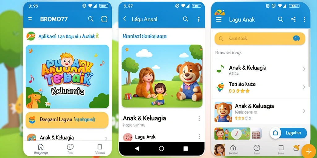 Tampilan antarmuka aplikasi BROMO77 dengan berbagai lagu anak.
